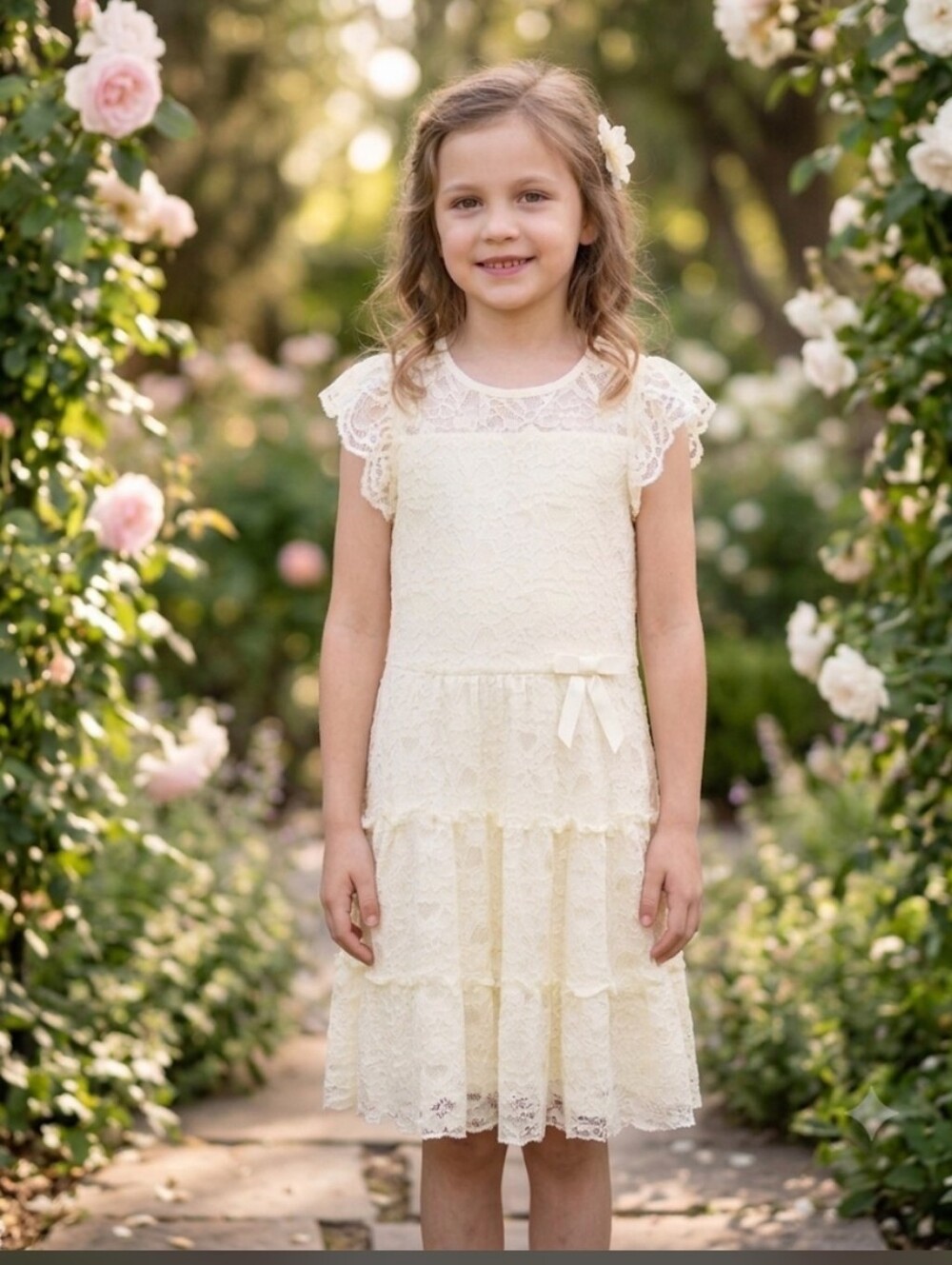Lilt Pastel Yellow Lace Tiered Dress with Bow Accent Size 16